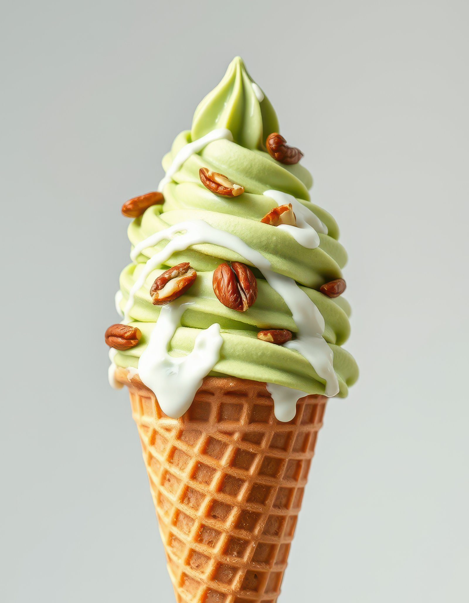 Delicious green tea soft serve ice cream topped with nuts in a waffle cone at a dessert shop